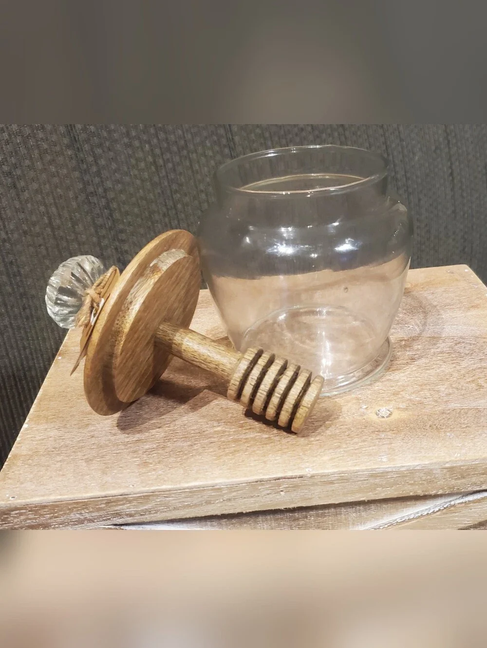 NWT Mud Pie Glass Honey Jar with Mango Wood Lid and Glass Knob